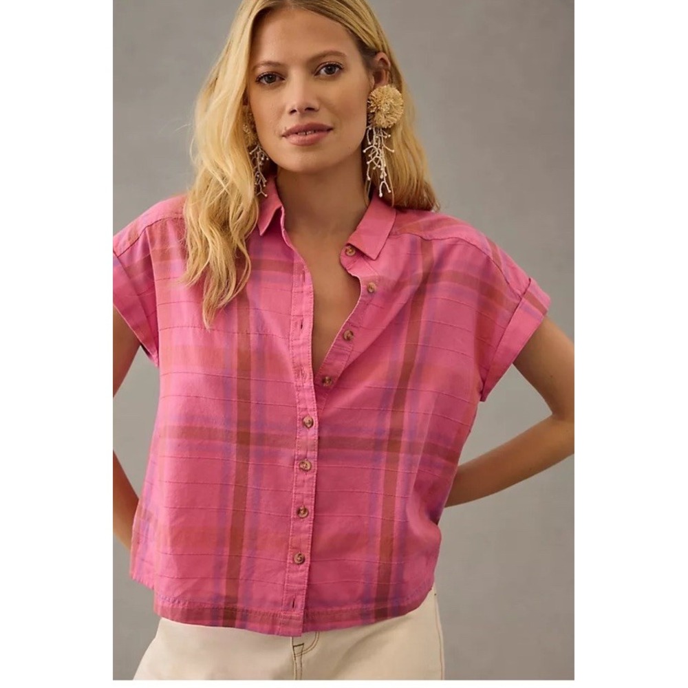 Pilcro Pink Plaid Short-Sleeve Crop Button-Up Top
